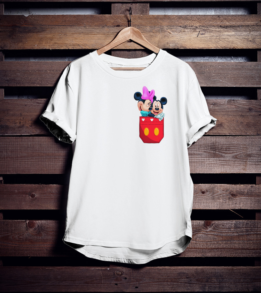 Mickey Mouse And Minnie Mouse In Red Pocket With Hearts And Bow T-Shirt