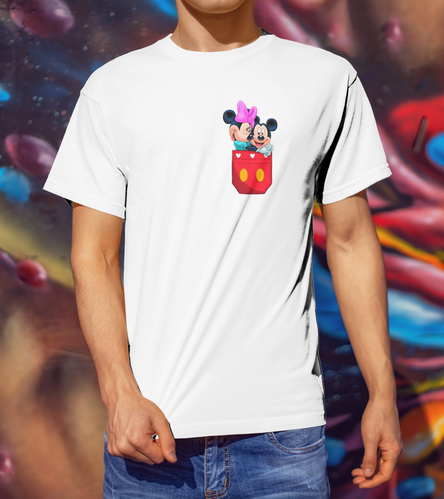 Mickey Mouse And Minnie Mouse In Red Pocket With Hearts And Bow T-Shirt