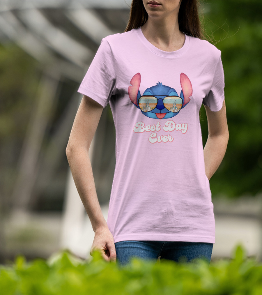 Best Day Ever Stitch Wearing Sunglasses With Castle Reflection T-Shirt