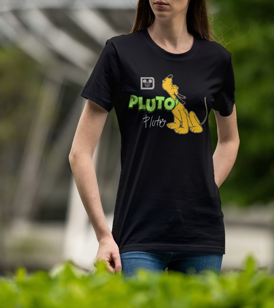 Disney Pluto Green Text Iconic Cartoon Dog T-Shirt