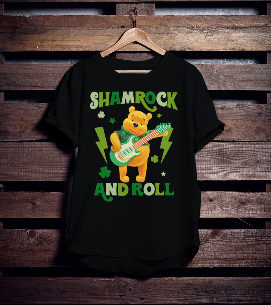 Shamrock And Roll Pooh Bear With Guitar And Green Lightning Bolts T-Shirt