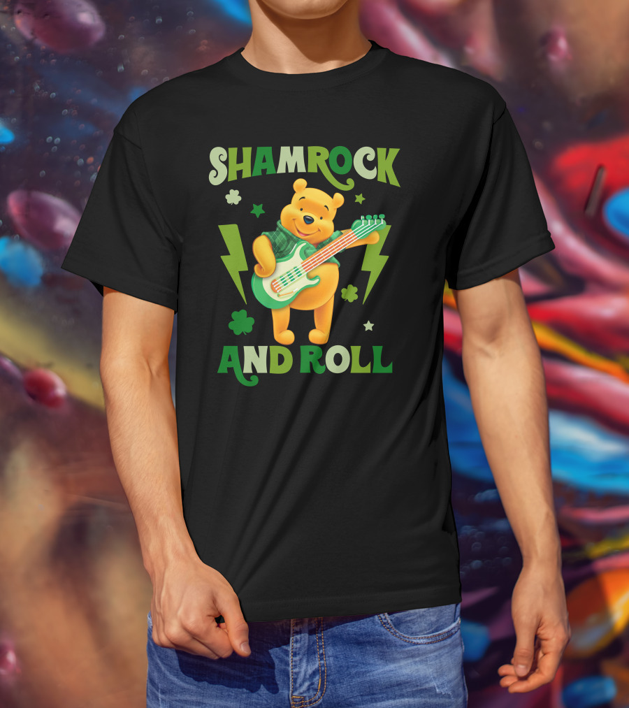 Shamrock And Roll Pooh Bear With Guitar And Green Lightning Bolts T-Shirt