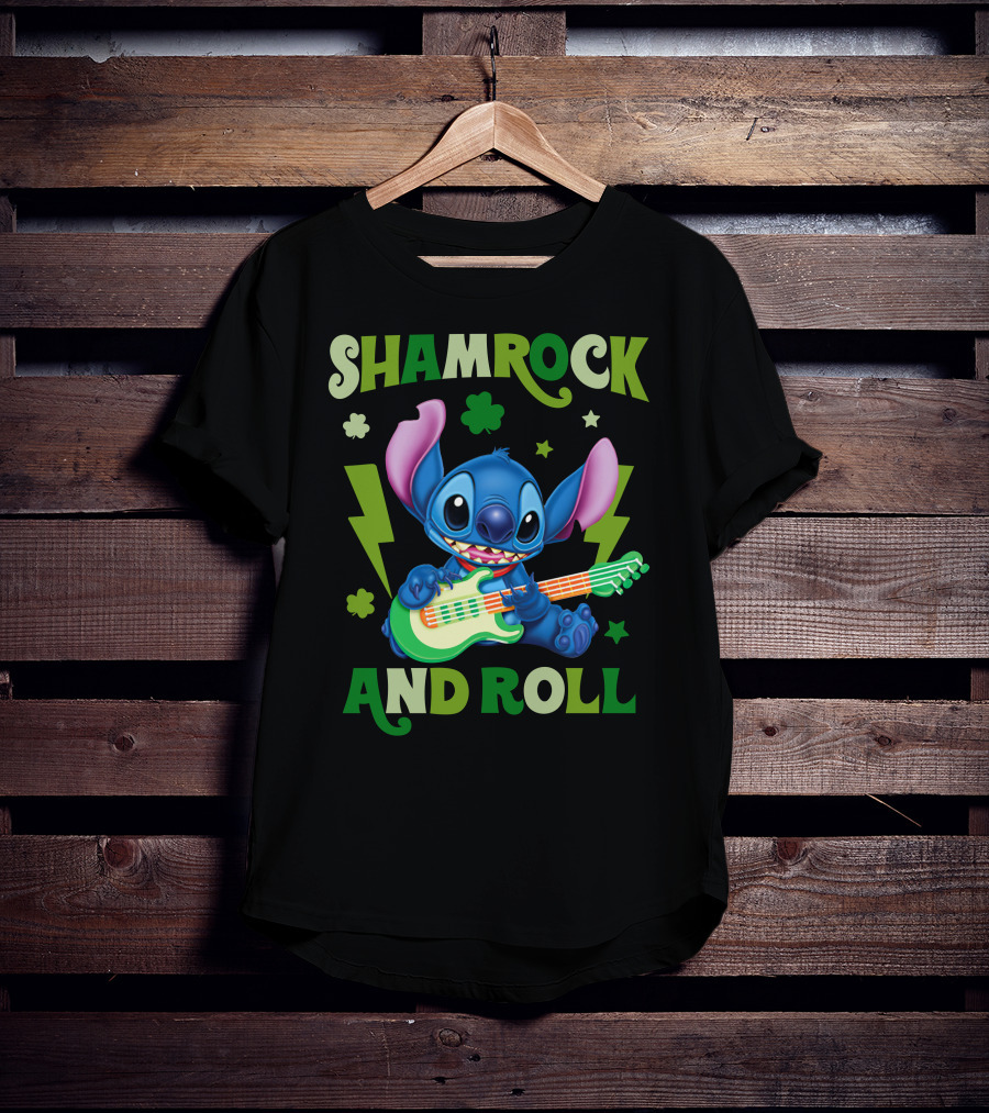 Shamrock And Roll Stitch Playing Guitar T-Shirt