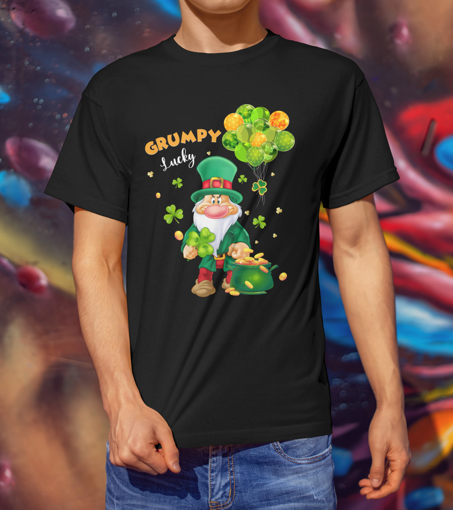 Grumpy Lucky Leprechaun With Shamrocks And Gold Coins T-Shirt
