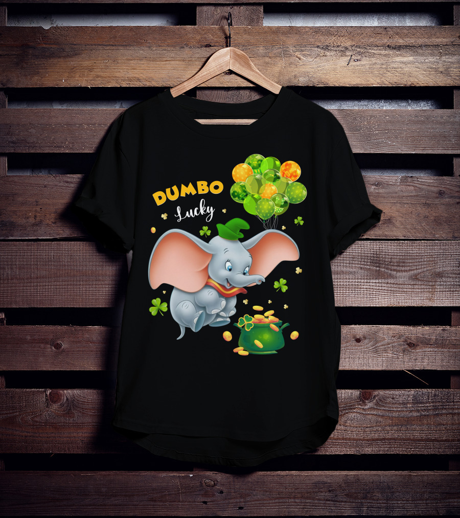 Dumbo Lucky Elephant With Green Hat And Balloons With Pot Of Gold T-Shirt
