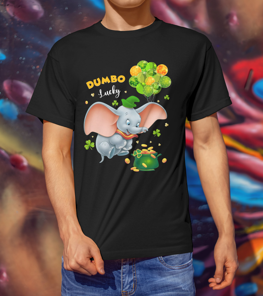 Dumbo Lucky Elephant With Green Hat And Balloons With Pot Of Gold T-Shirt