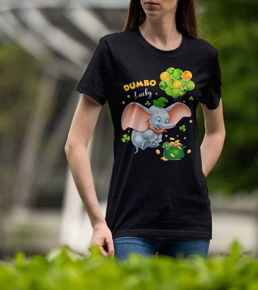 Dumbo Lucky Elephant With Green Hat And Balloons With Pot Of Gold T-Shirt