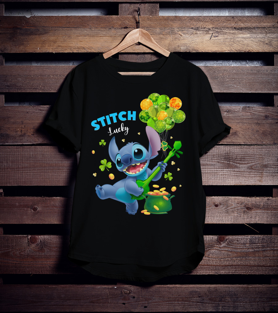 Stitch Lucky Balloons And Shamrock Celebration T-Shirt