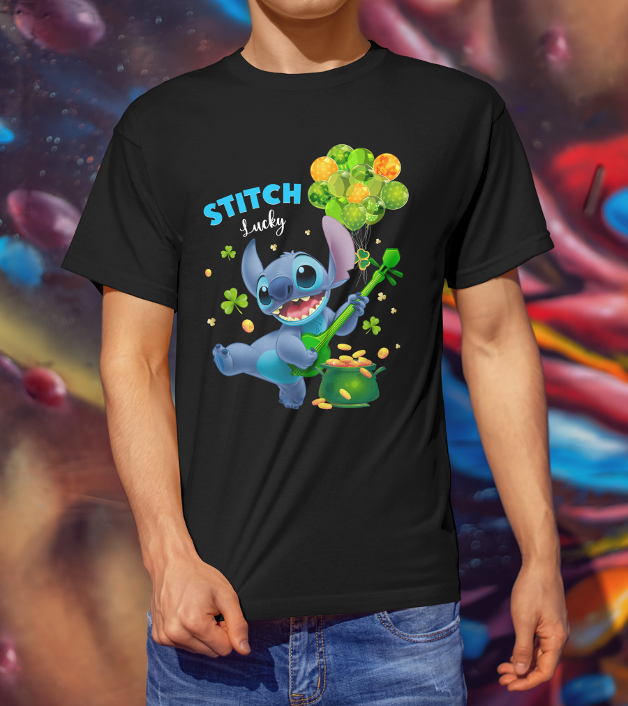 Stitch Lucky Balloons And Shamrock Celebration T-Shirt
