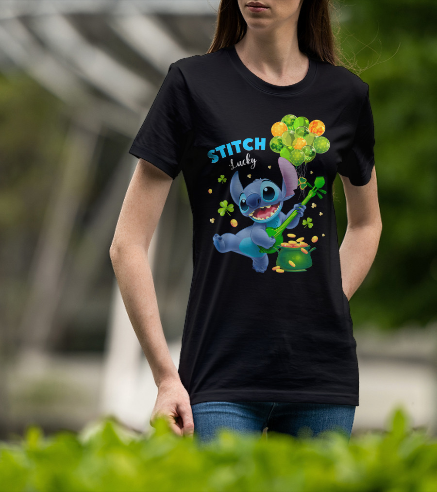 Stitch Lucky Balloons And Shamrock Celebration T-Shirt