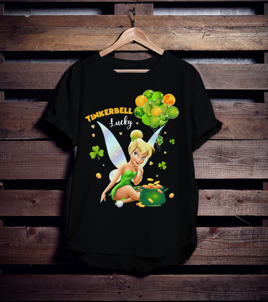 Tinkerbell Lucky Balloons And Clover With Pot Of Gold T-Shirt