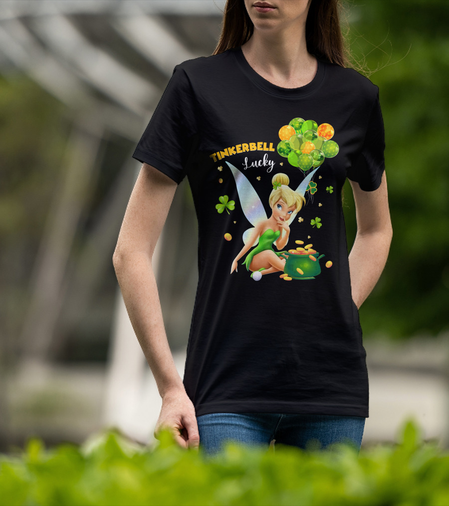 Tinkerbell Lucky Balloons And Clover With Pot Of Gold T-Shirt