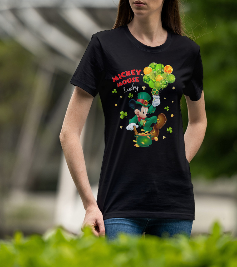 Mickey Mouse Lucky Shamrock Balloons Leprechaun Coins T-Shirt