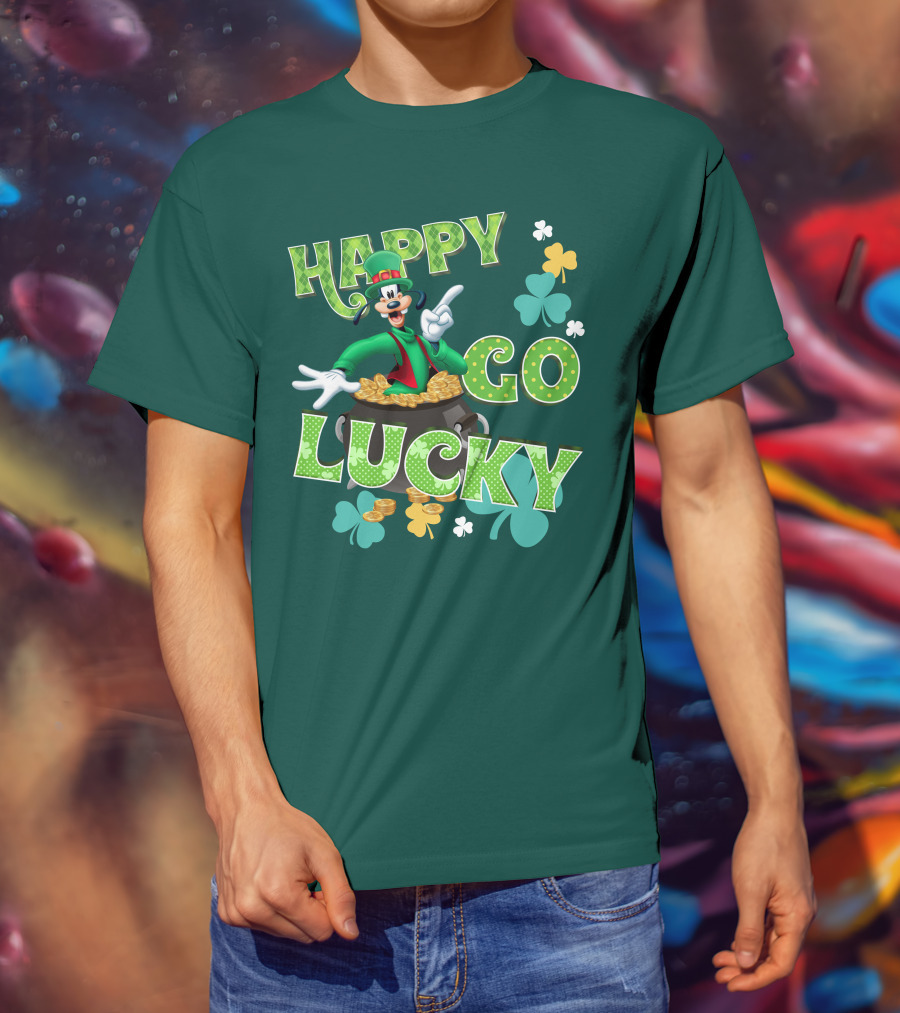 Happy Go Lucky Goofy Pot Of Gold Shamrocks T-Shirt
