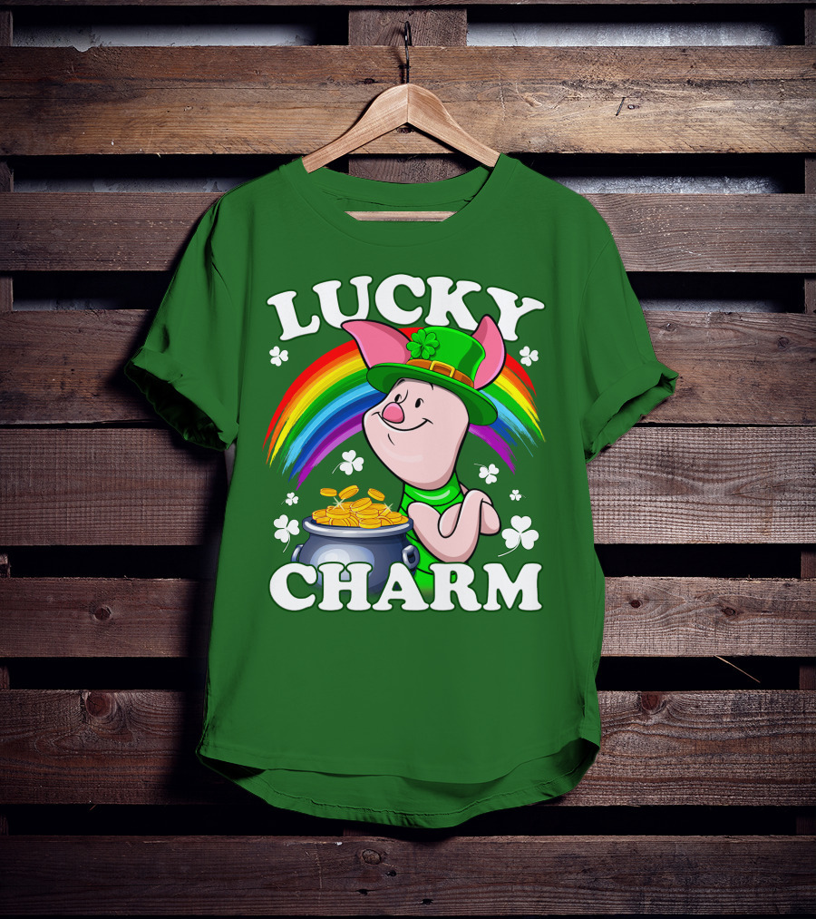 Lucky Charm With Piglet In Leprechaun Hat And Rainbow T-Shirt