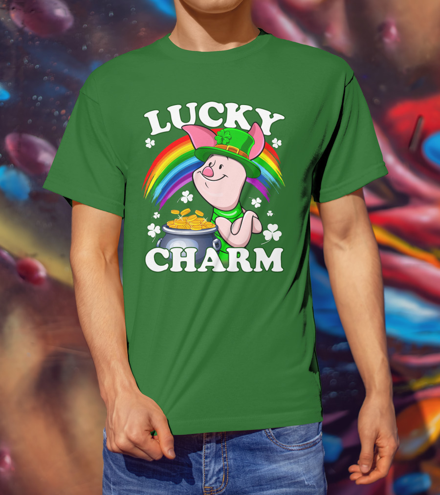 Lucky Charm With Piglet In Leprechaun Hat And Rainbow T-Shirt