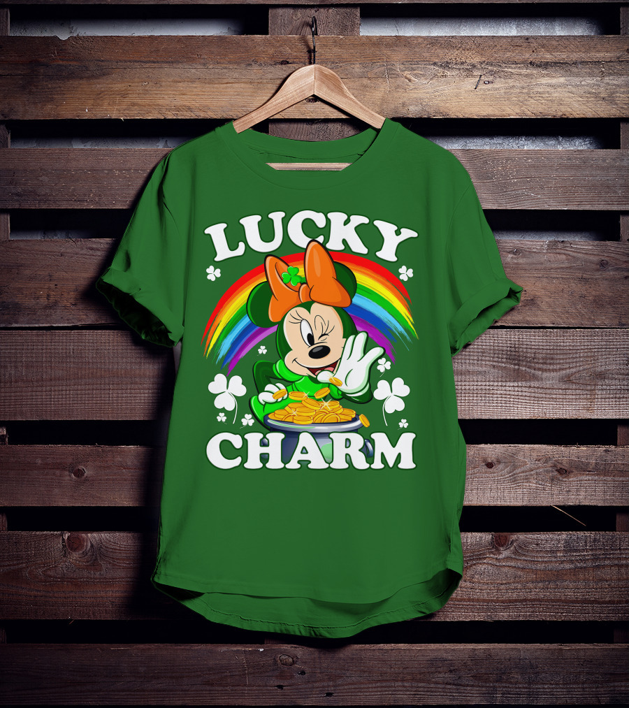 Lucky Charm Rainbow Minnie With Pot Of Gold And Shamrocks T-Shirt