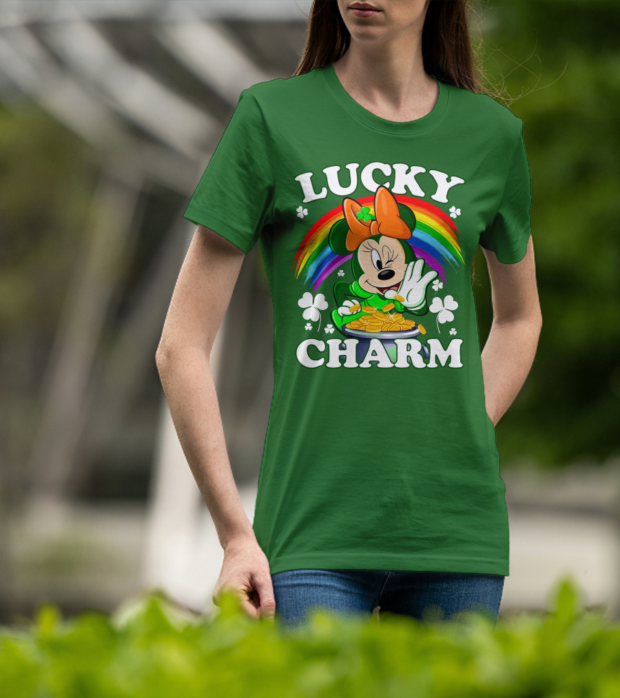 Lucky Charm Rainbow Minnie With Pot Of Gold And Shamrocks T-Shirt