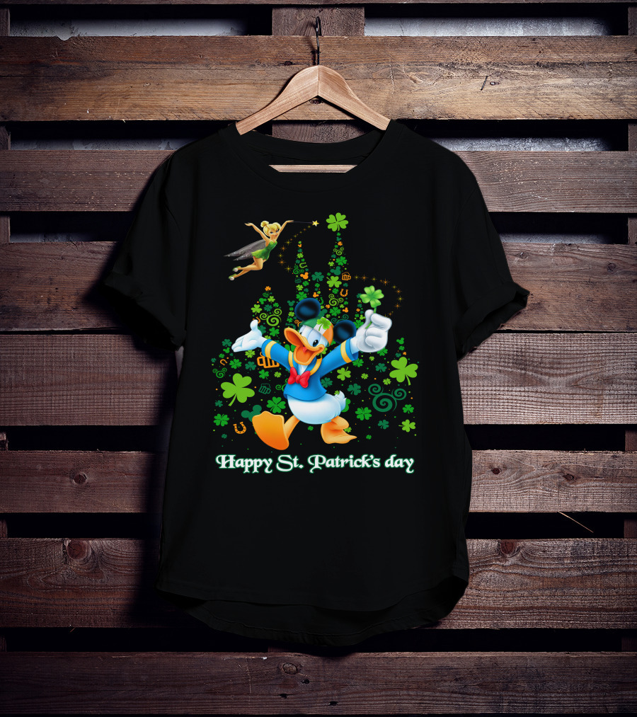 Happy St. Patrick's Day Donald And Tinkerbell With Shamrocks And Castle T-Shirt