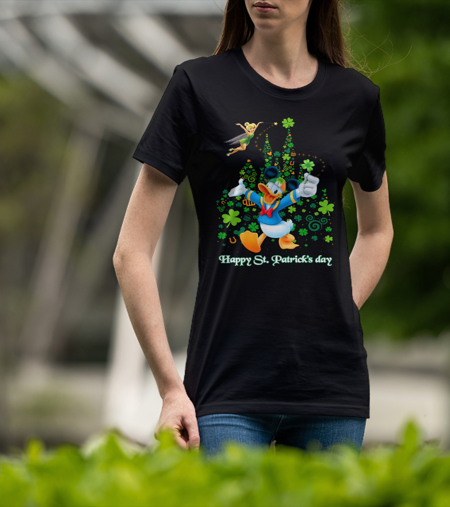 Happy St. Patrick's Day Donald And Tinkerbell With Shamrocks And Castle T-Shirt
