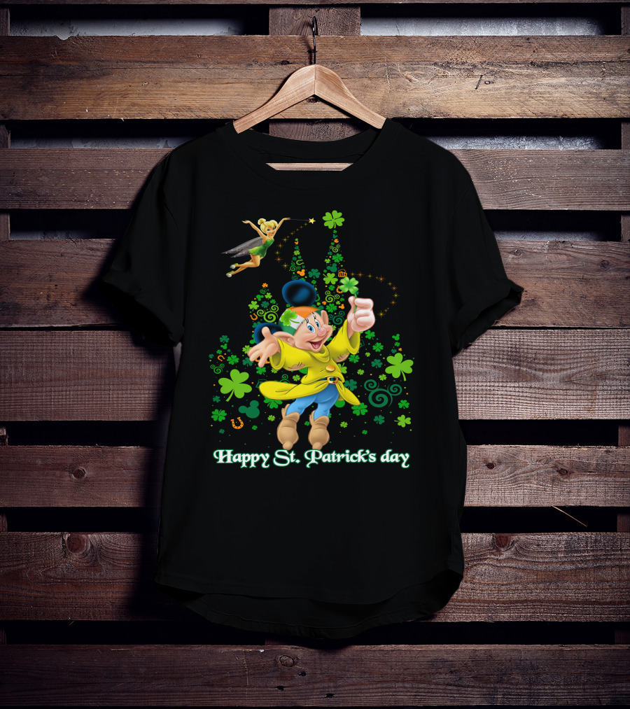Happy St. Patrick's Day Dopey Disney Character With Tinker Bell And Clovers T-Shirt