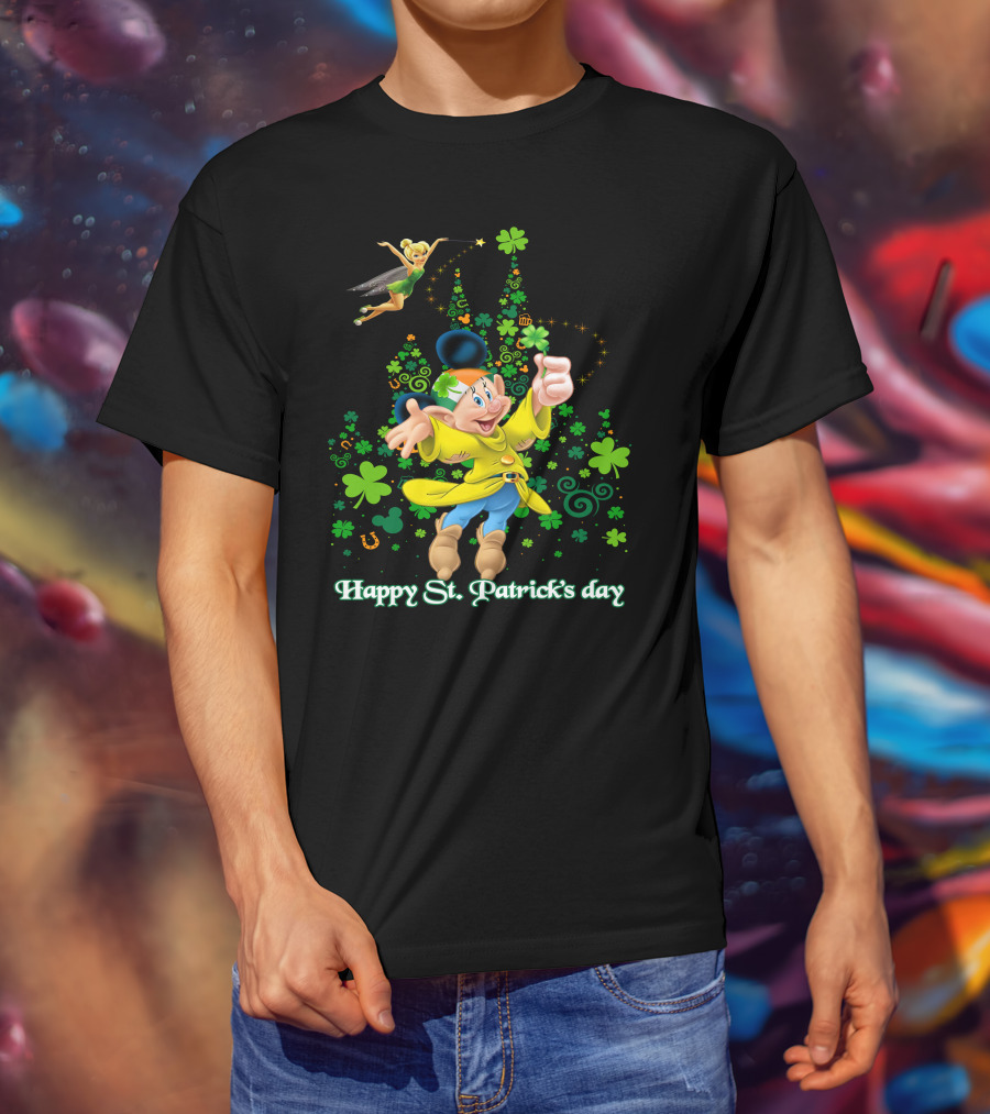 Happy St. Patrick's Day Dopey Disney Character With Tinker Bell And Clovers T-Shirt