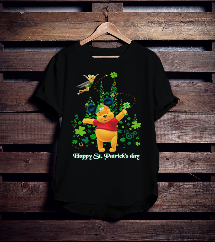 Happy St. Patrick's Day Pooh And Tinker Bell With Mickey Ears And Shamrocks T-Shirt