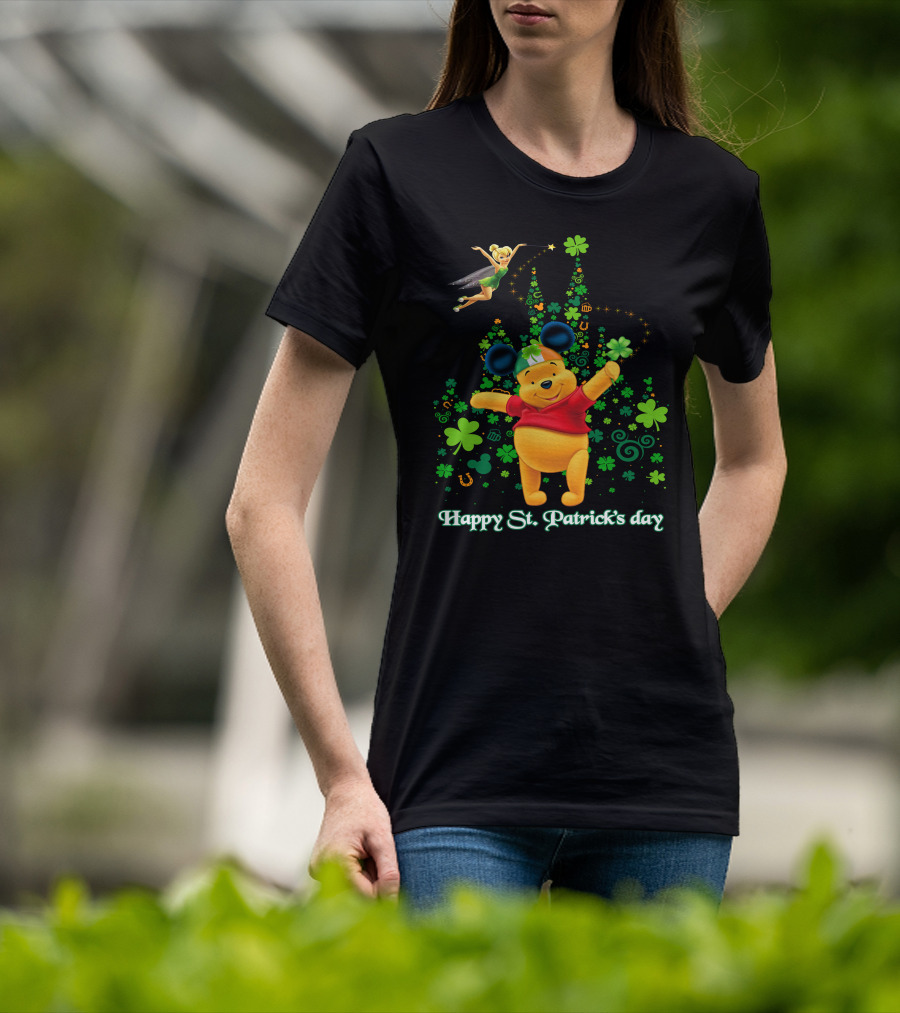 Happy St. Patrick's Day Pooh And Tinker Bell With Mickey Ears And Shamrocks T-Shirt