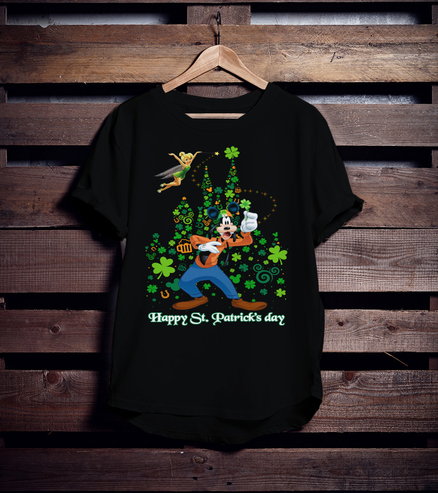 Goofy Happy St. Patrick's Day With Tinker Bell And Castle T-Shirt