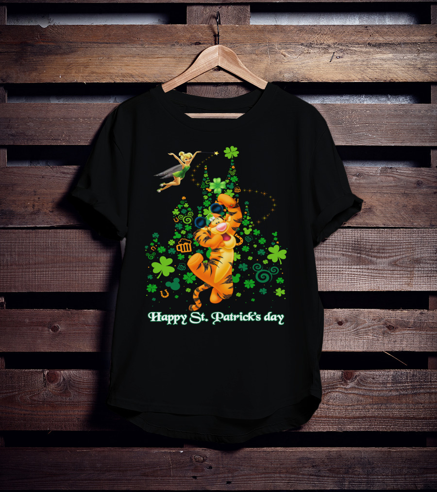 Happy St. Patrick's Day Tigger And Tinkerbell Celebration With Shamrocks And Icons T-Shirt