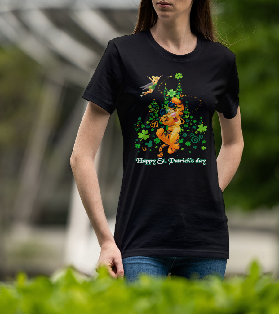 Happy St. Patrick's Day Tigger And Tinkerbell Celebration With Shamrocks And Icons T-Shirt