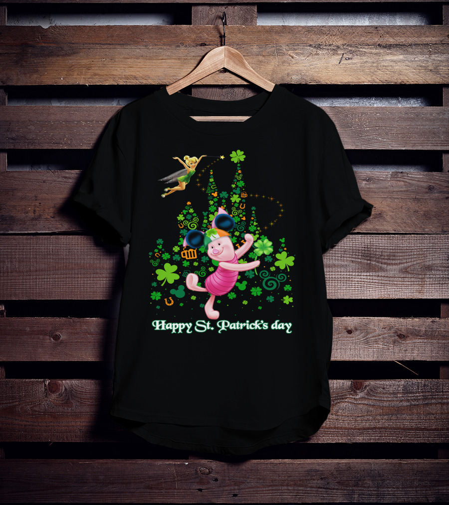 Happy St. Patrick's Day Piglet Tinker Bell Mickey Ears Shamrock Castle T-Shirt