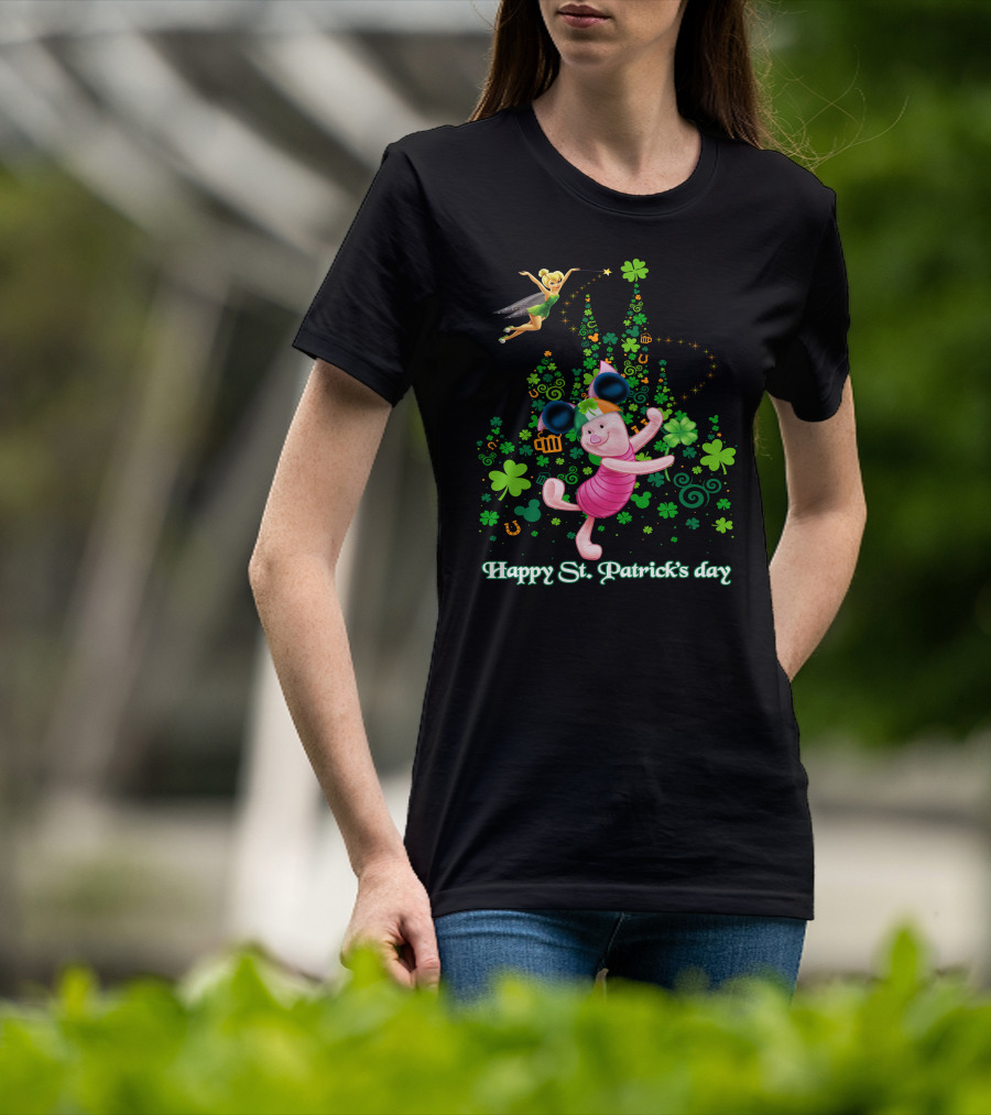 Happy St. Patrick's Day Piglet Tinker Bell Mickey Ears Shamrock Castle T-Shirt