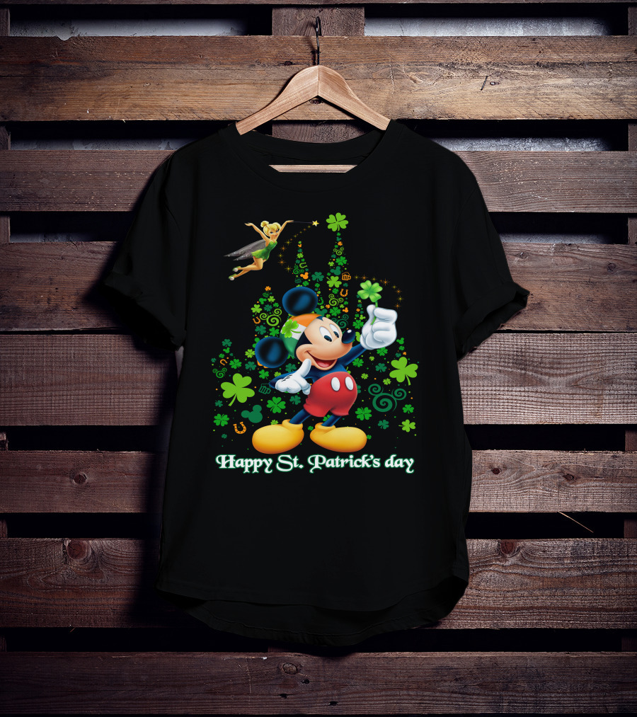 Mickey Happy St. Patrick's Day With Tinker Bell And Shamrocks T-Shirt
