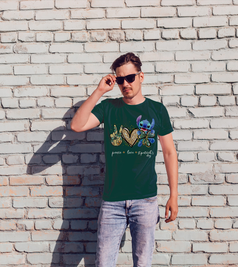 Peace Love St. Patrick's Day Stitch Shamrock Clover T-Shirt