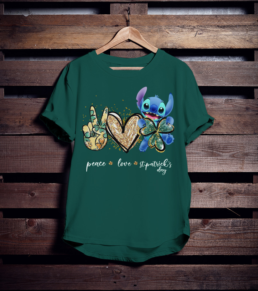 Peace Love St. Patrick's Day Stitch Shamrock Clover T-Shirt