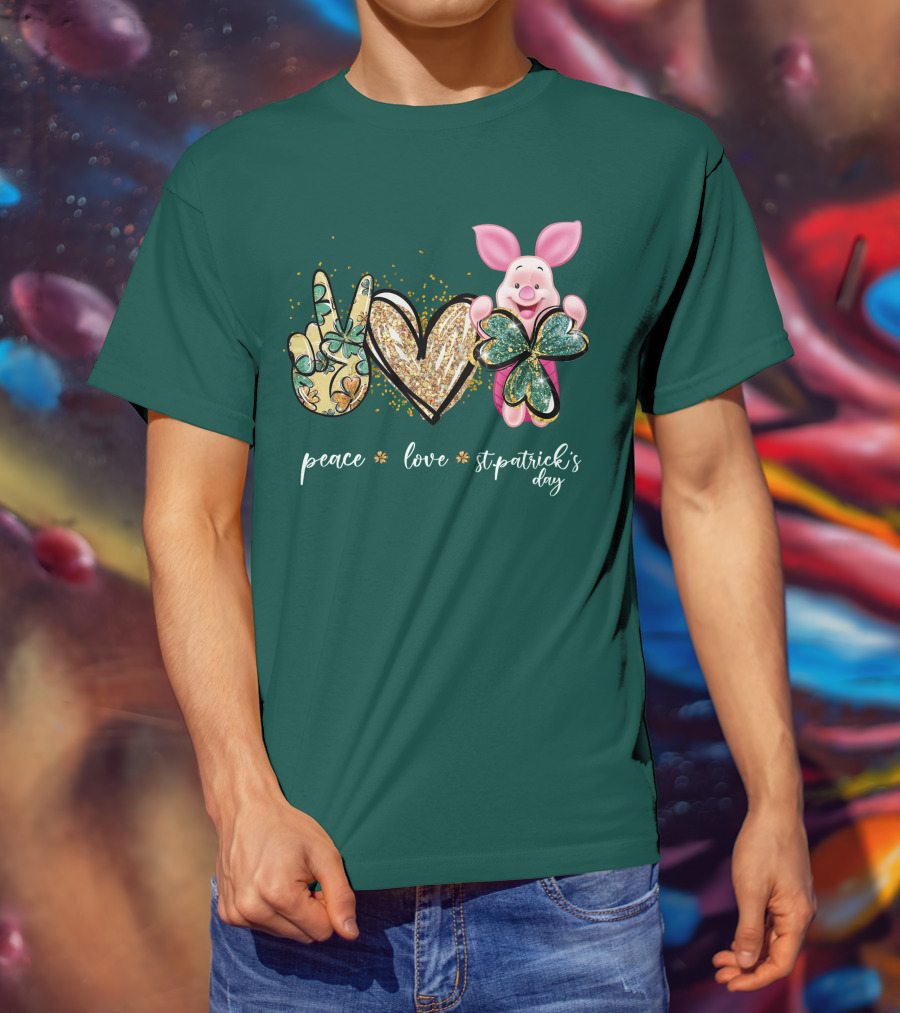 Peace Love St. Patrick's Day Piglet Shamrock T-Shirt