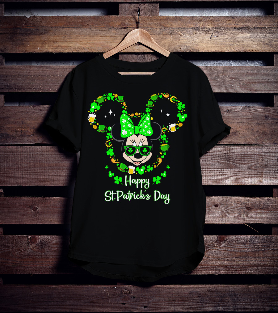 Happy St. Patrick's Day Minnie Mouse With Green Shamrocks And Accessories T-Shirt