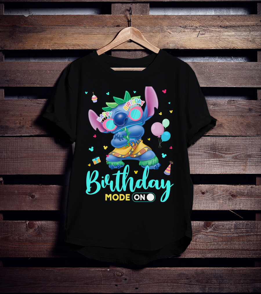 Stitch Birthday Mode On With Balloons And Cupcake T-Shirt