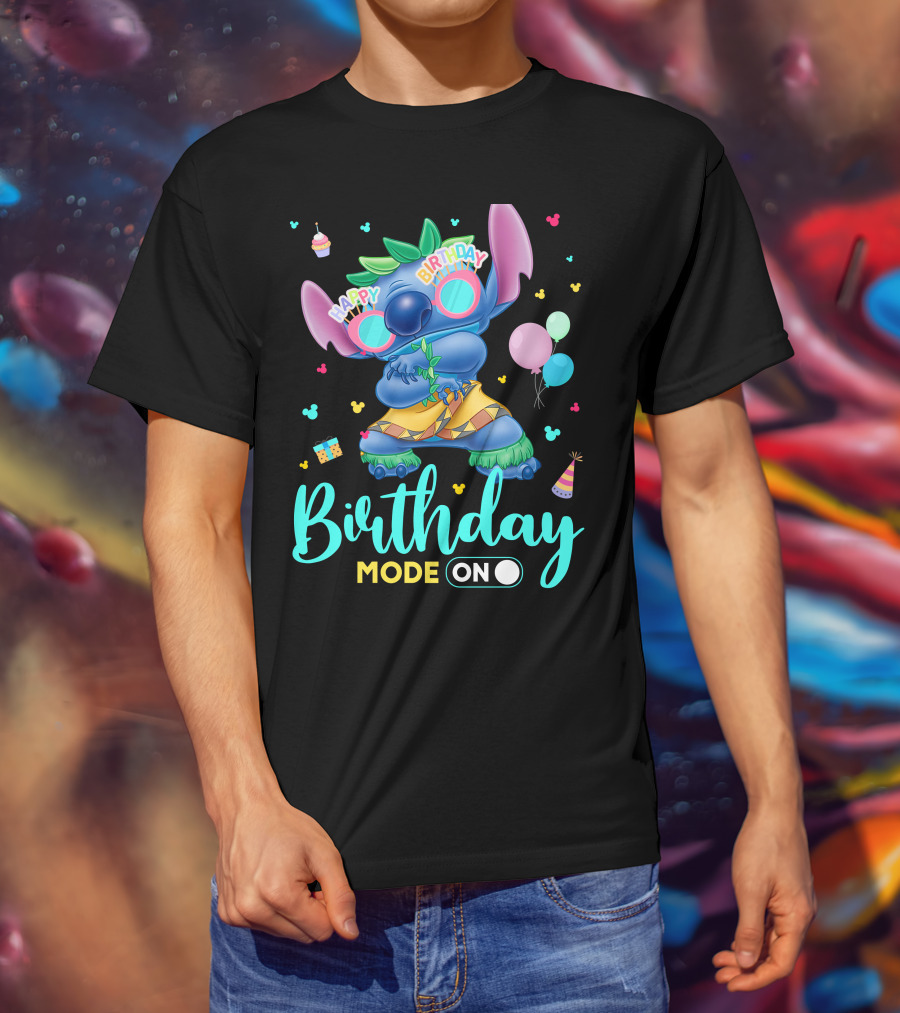 Stitch Birthday Mode On With Balloons And Cupcake T-Shirt