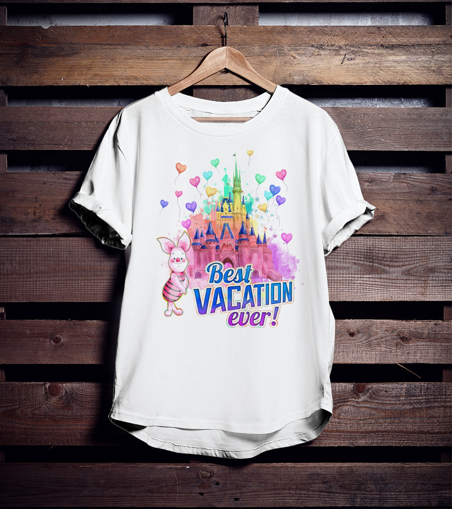 Piglet Best Vacation Ever Colorful Castle And Hearts T-Shirt
