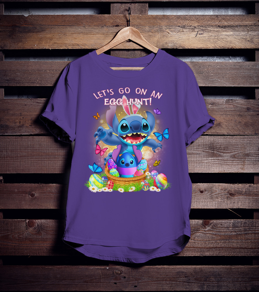 Let's Go On An Egg Hunt With Stitch Basket Of Eggs And Butterflies T-Shirt