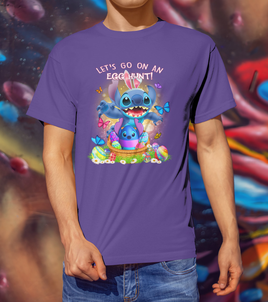 Let's Go On An Egg Hunt With Stitch Basket Of Eggs And Butterflies T-Shirt