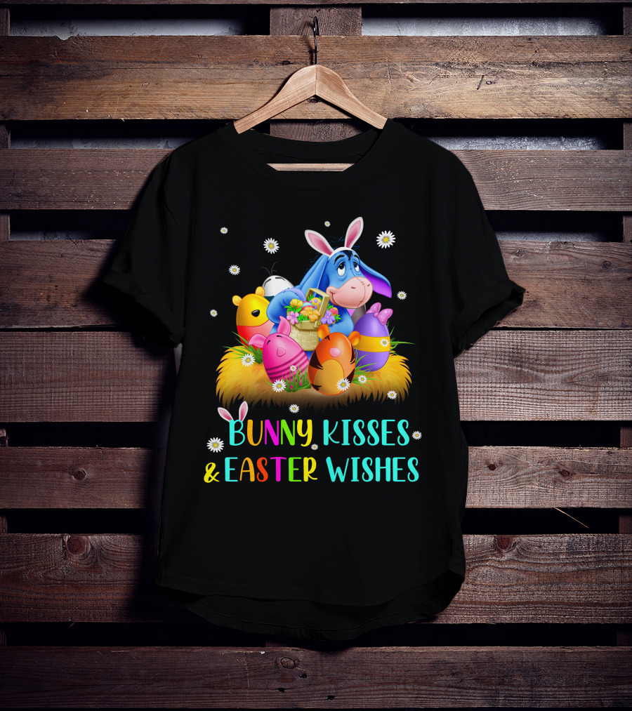 Bunny Kisses And Easter Wishes Eeyore Colorful Eggs Basket T-Shirt