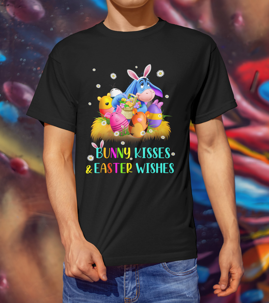 Bunny Kisses And Easter Wishes Eeyore Colorful Eggs Basket T-Shirt