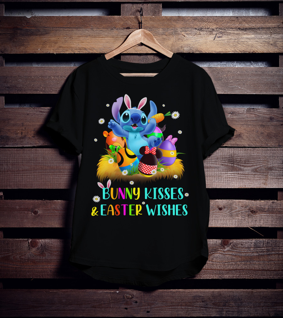 Bunny Kisses & Easter Wishes Stitch With Colorful Eggs And Spring Flowers T-Shirt