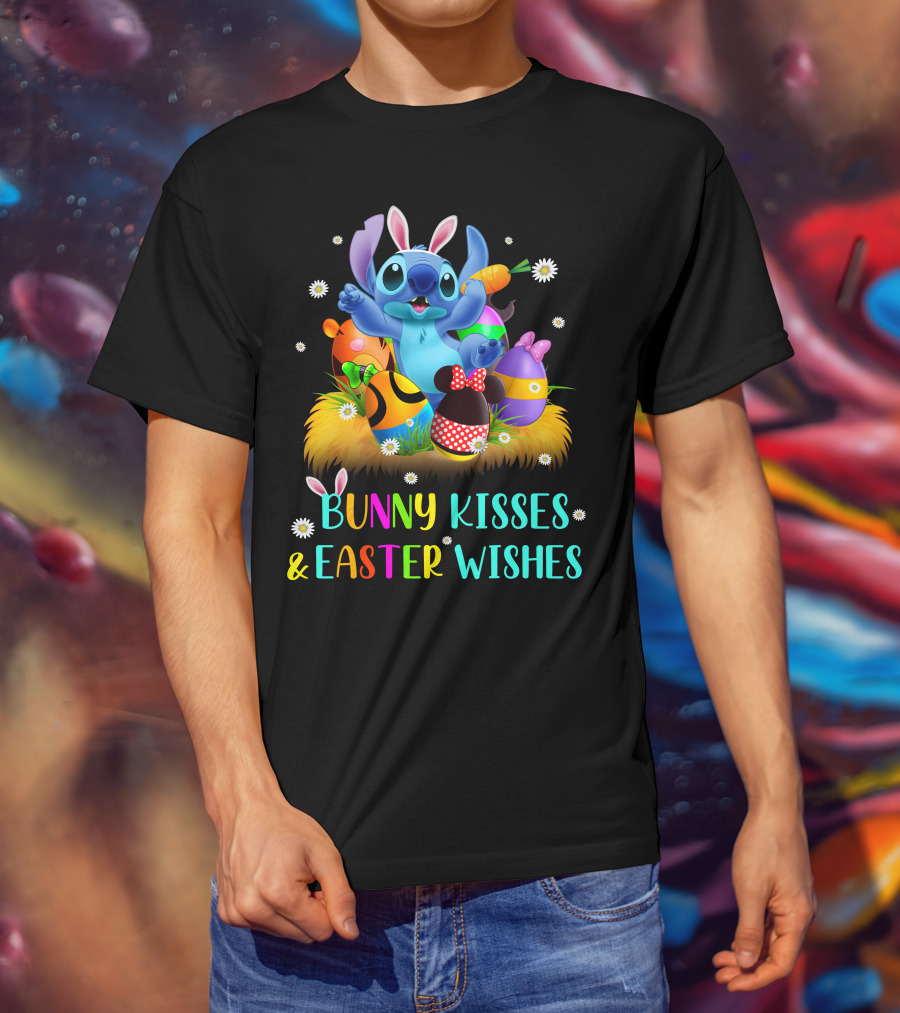 Bunny Kisses & Easter Wishes Stitch With Colorful Eggs And Spring Flowers T-Shirt