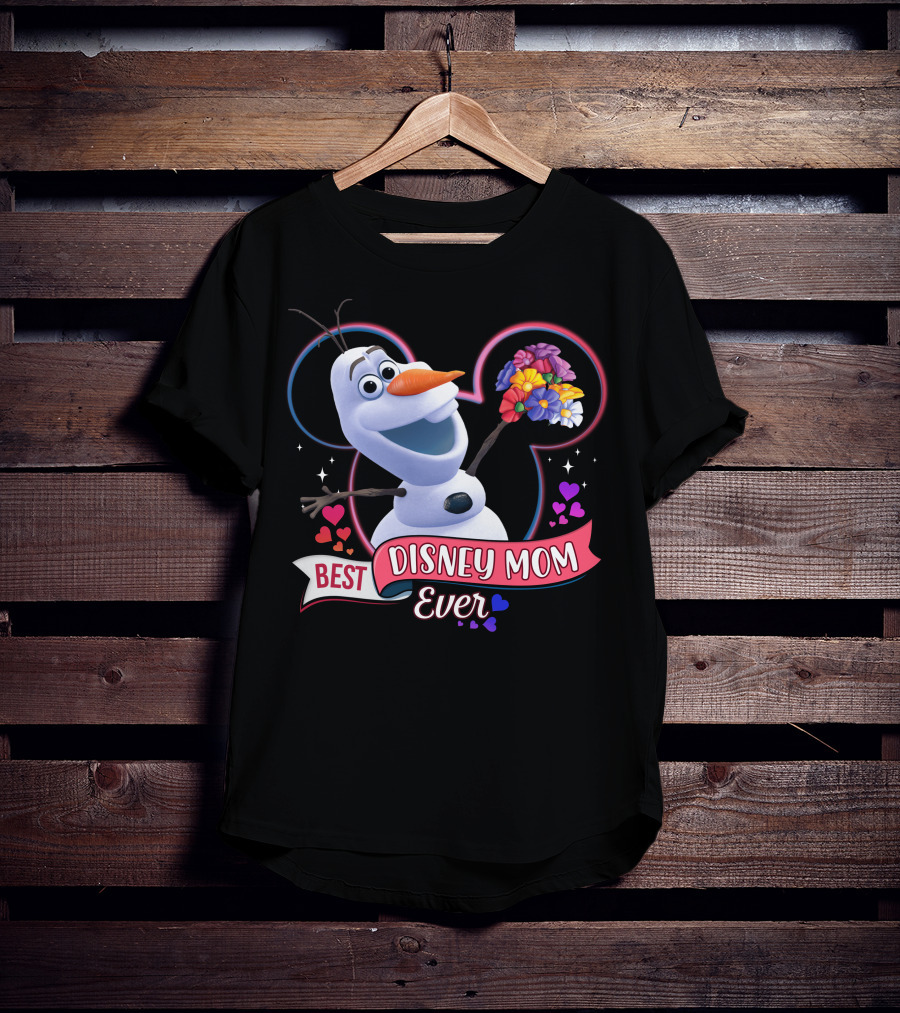 Best Disney Mom Ever Olaf Holding Flowers In Front Of Mickey Mouse Outline T-Shirt