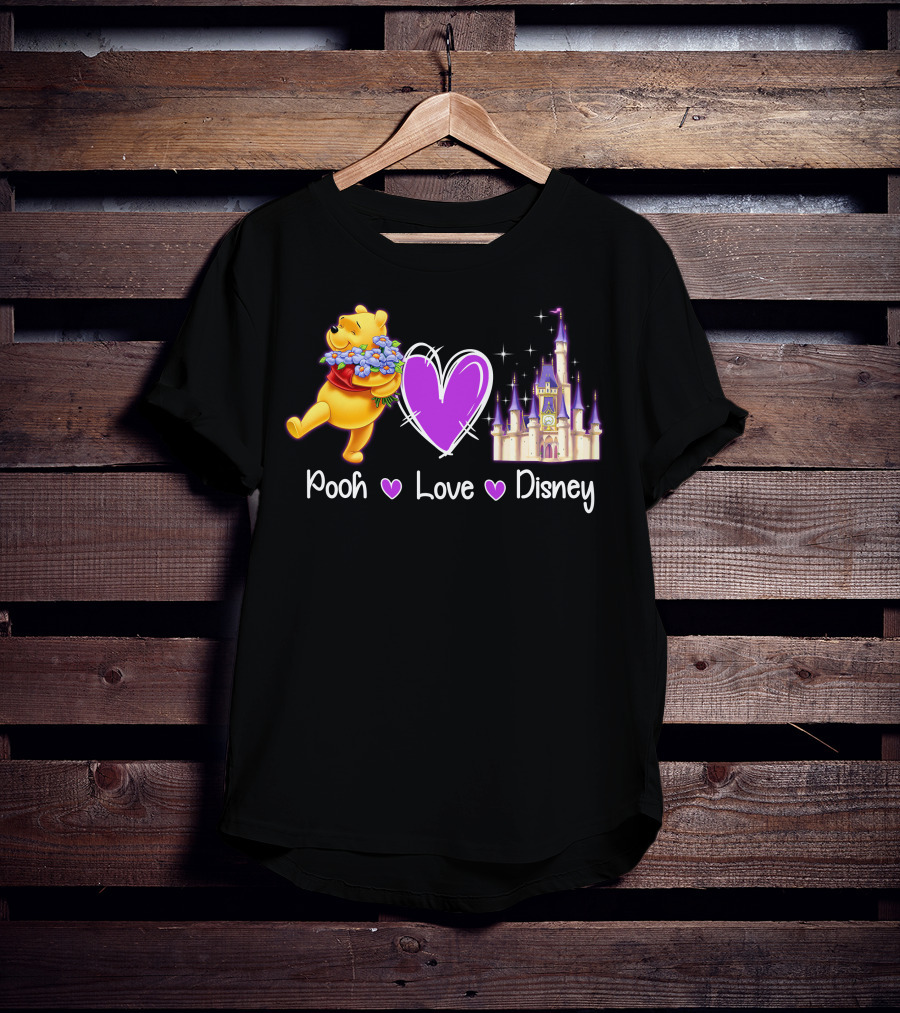 Pooh Love Disney With Purple Heart And Castle T-Shirt