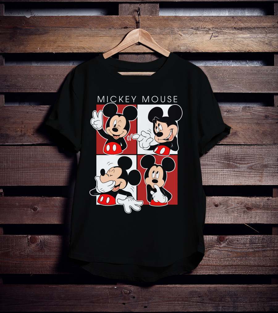 Mickey Mouse Expressive Poses Red And White Comic Panel T-Shirt